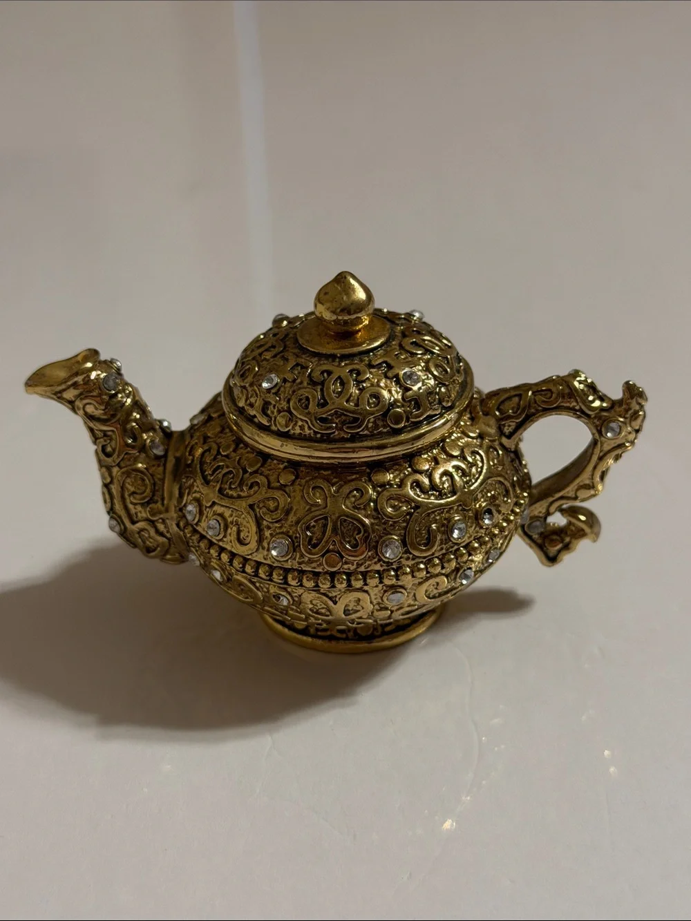 Ornate Gold Tone Decorative Trinket Teapot Accent with Crystals and Embroidery